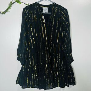 Area Star Women's Black Gold Striped Long Sleeve Mini Dress Size Small NWT